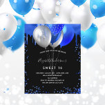 Budget Sweet 16 Schwarz königsblau Einladung<br><div class="desc">Eine mädchenhafte und feminine Sweet 16,  16. Geburtstagsfeier Einladung. vorne: Ein schicker schwarzer Hintergrund. Dekoriert mit königsblauen Imitaten Glitzer Tropfen,  Farbe Tropfen Look und Ballons. Personalisieren und fügen Sie einen Namen und Party-Details hinzu. Der Name wird mit einem handgeschriebenen Stilskript geschrieben.</div>