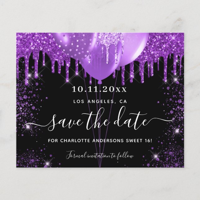 Budget Sweet 16 schwarz Save the Date lila (Vorderseite)