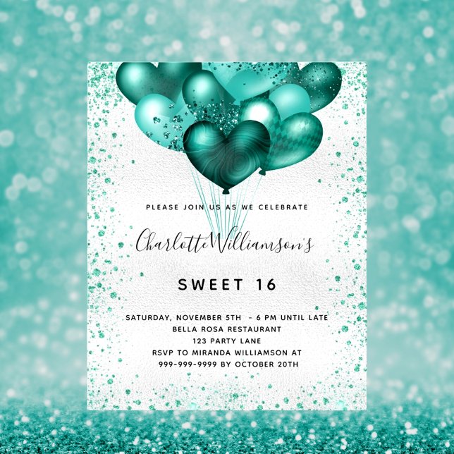 Budget Sweet 16 Silber aquamariner Glitzer Einladu (Von Creator hochgeladen)
