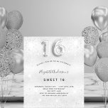 Budget Sweet 16 Silber Glitzer Einladung<br><div class="desc">Eine moderne,  stilvolle und glamouröse Einladung für eine Mädchenfeier zum 16. Geburtstag. Ein silbernes Imitat mit Glitzer-Staub. Personalisieren Sie Ihren Namen und Ihre Party-Daten und fügen Sie diese hinzu. Nummer 16 wird mit einem Schriftart im Ballonstil geschrieben,  Skript.</div>