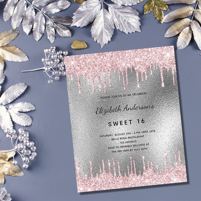 Budget Sweet 16 silber Glitzer Rosa Einladung (Von Creator hochgeladen)