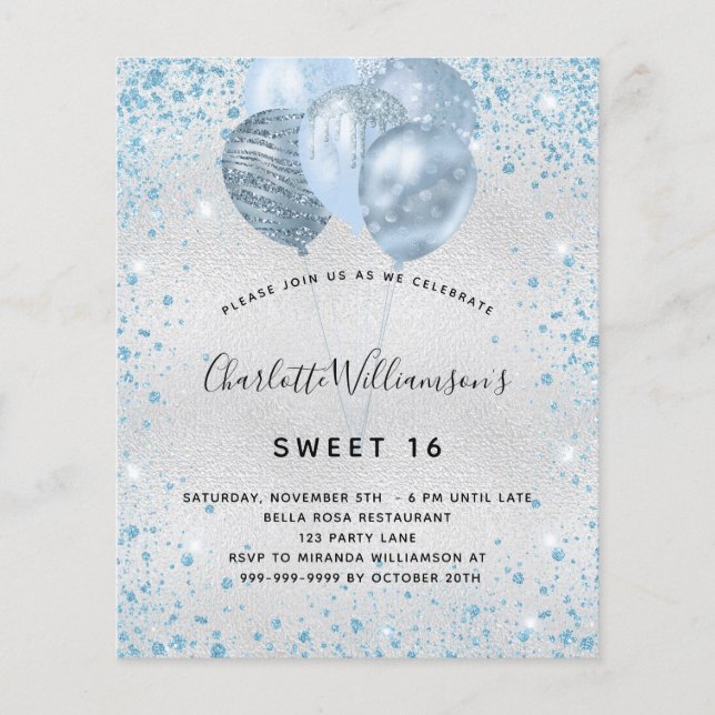 Budget Sweet 16 Silberblauer Glitzer Einladung (Vorderseite)