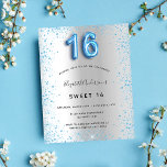 Budget Sweet 16 Silberblauer Glitzer Einladung<br><div class="desc">Eine moderne,  stilvolle und glamouröse Einladung für eine Girl's Sweet 16,  16. Geburtstagsparty. Ein silberfarbenes Imitat mit blauen Glitzer-Staub. Personalisieren Sie Ihren Namen und Ihre Party-Daten und fügen Sie diese hinzu. Nummer 16 wird mit einem Schriftart im Ballonstil geschrieben,  Skript.</div>