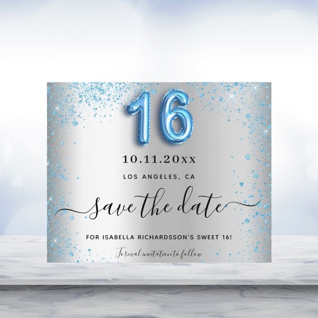 Budget Sweet 16 Silberblauer Glitzer Save the Date (Von Creator hochgeladen)