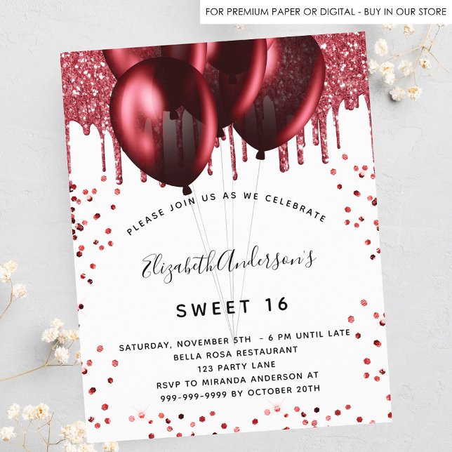 Budget Sweet 16 white red Glitzer Einladung (Von Creator hochgeladen)