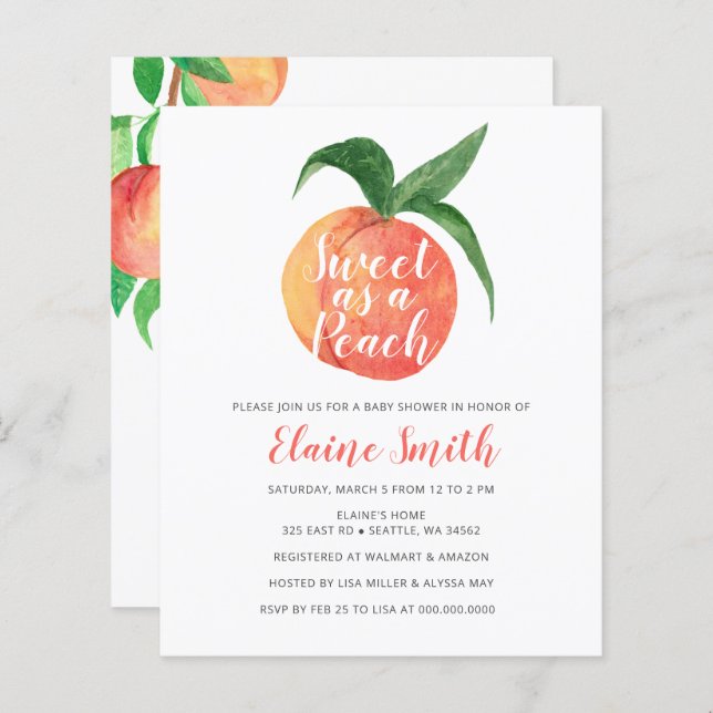 Budget Sweet as a Peach Baby Shower Einladung (Vorne/Hinten)