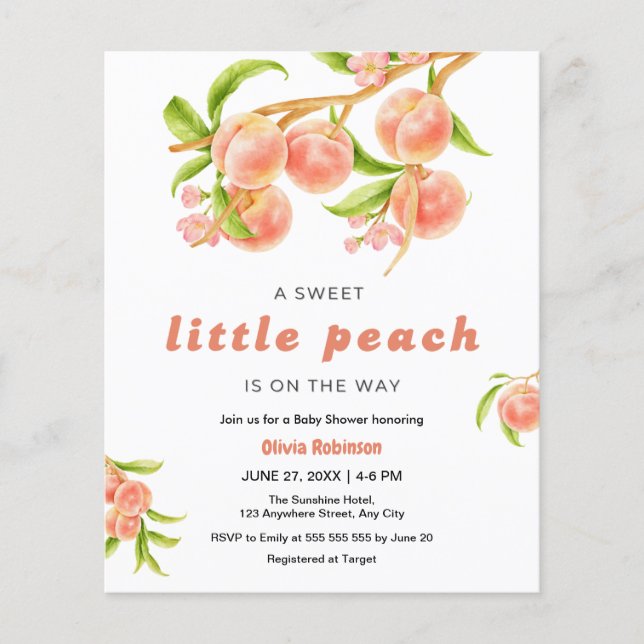 Budget Sweet Little Peach Fruit Baby Dusche laden Flyer (Vorne)