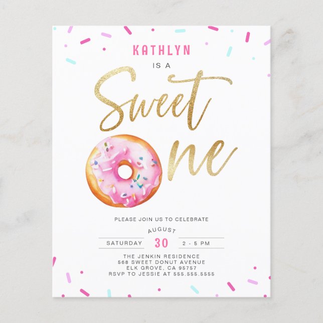Budget Sweet One Pink Gold Donut Geburtstag Einlad (Vorderseite)