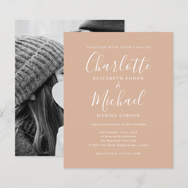 Budget Tan Script Foto Hochzeit Einladung (Vorne/Hinten)