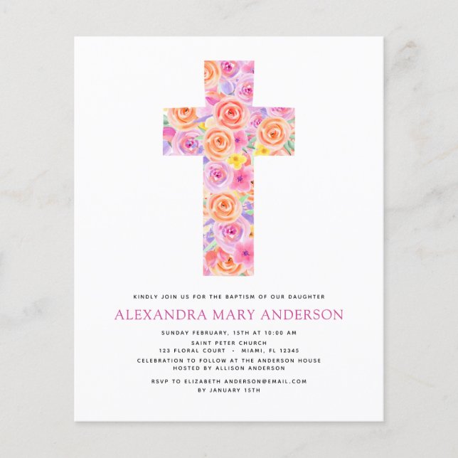 Budget Taufe Pastel Floral Rosa Rose Kreuz Flyer (Vorne)