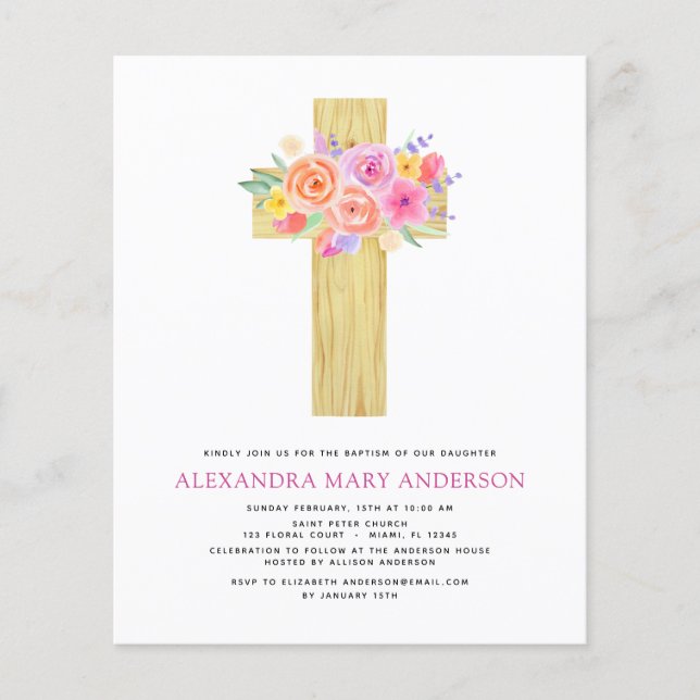 Budget Taufe Pastel Floral Rosa Rose Kreuz Flyer (Vorne)