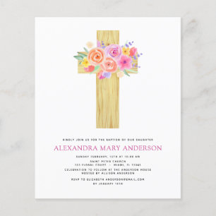 Budget Taufe Pastel Floral Rosa Rose Kreuz Flyer