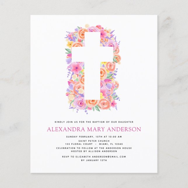 Budget Taufe Pastel Floral Rosa Rose Kreuz Flyer (Vorne)