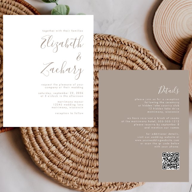 Budget Taupe Script QR Code Wedding Einladung (Von Creator hochgeladen)