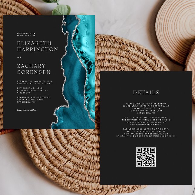 Budget Teal-Achat-Silber-QR-Code-Hochzeits-Einladu (Von Creator hochgeladen)