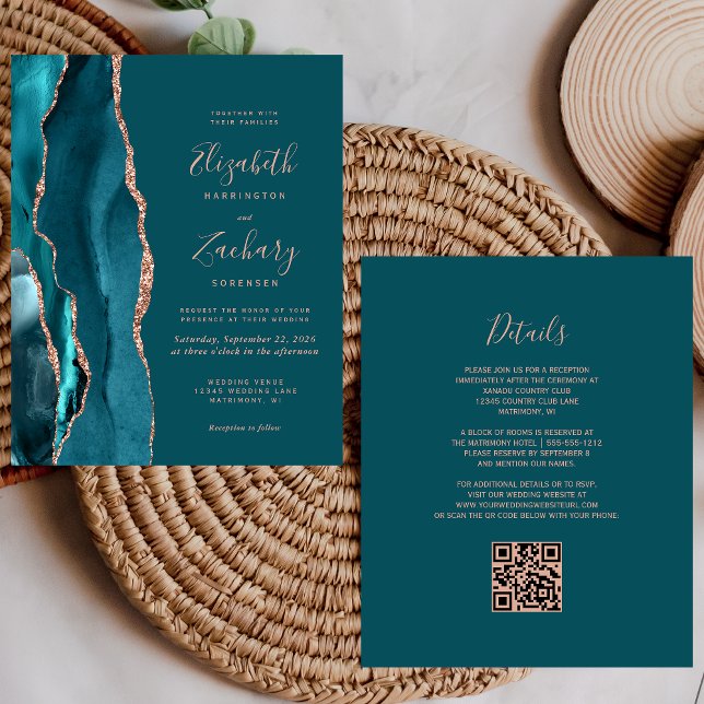 Budget Teal Agate Rose Gold QR Code Wedding Invite (Von Creator hochgeladen)