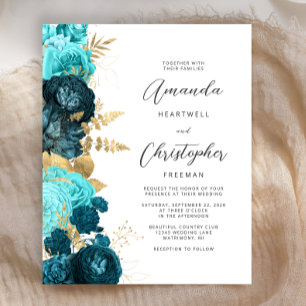 Budget Teal Aqua Blumen Gold Schrift Hochzeits Ein