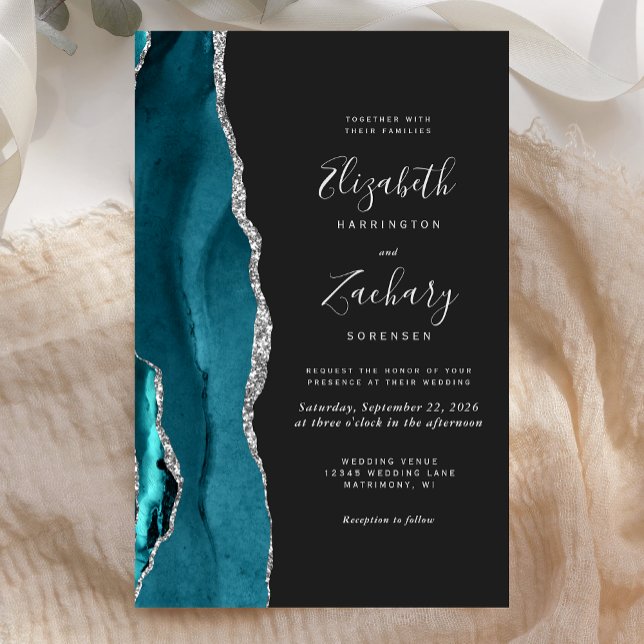 Budget Teal Blue Silver Agate Dark Wedding Invite (Von Creator hochgeladen)