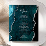 Budget Teal Blue Silver Agate Wedding Menu<br><div class="desc">This elegant modern wedding menu features a teal blue watercolor agate background trimmed with faux silver glitter. The customizable text combines silver gray handwriting script and copperplate fonts. The reverse side features a matching teal and silver agate design.</div>