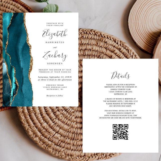 Budget Teal Gold QR-Code Hochzeits-Einladung (Von Creator hochgeladen)