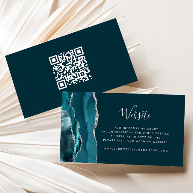 Budget Teal Silber Achat Hochzeits-QR-Code Begleitkarte (Von Creator hochgeladen)