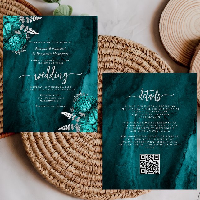 Budget Teal Silber Blumen QR Code Hochzeits Einlad (Von Creator hochgeladen)