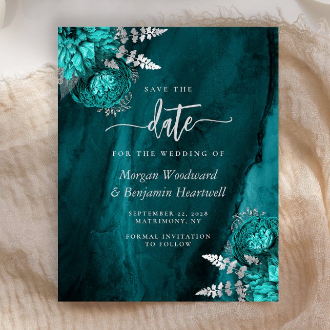 Budget Teal Silver Floral Wedding Save the Date (Von Creator hochgeladen)