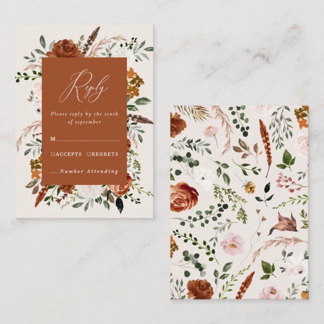 Budget Terracotta florale elegante Hochzeitsanlage Begleitkarte (Vorne/Hinten)