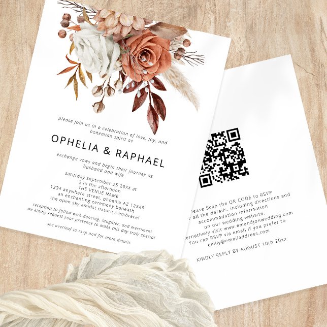 Budget Terracotta Florals QR Code Bohemisch Weddin (Front and back view)