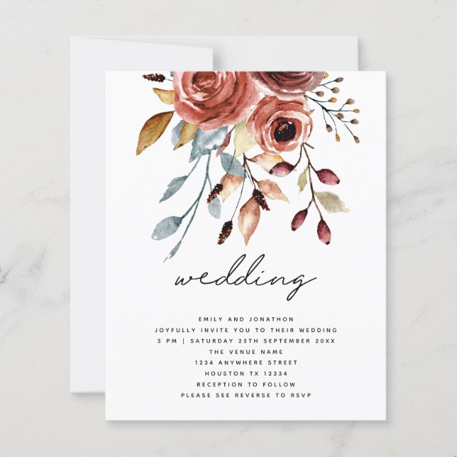 BUDGET Terracotta Florals QR Code Wedite Einladung (Vorderseite)