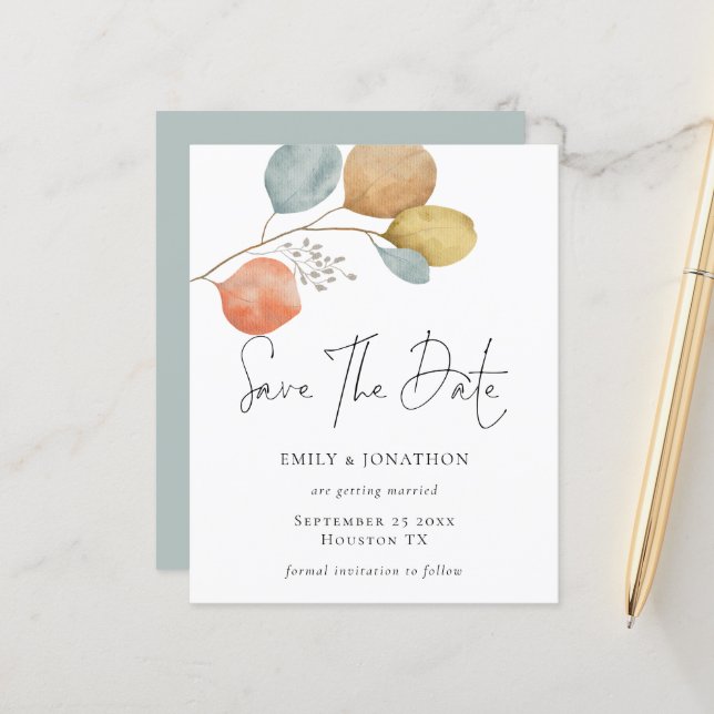 Budget Trendy Watercolor-Blätter Save the Date (Vorderseite/Rückseite Beispiel)