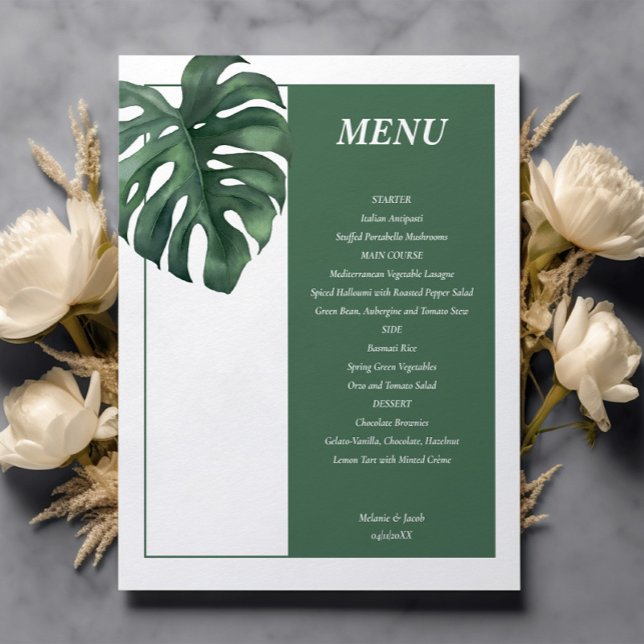 Budget Tropical Monstera Leaf Wedding Menu Card (Von Creator hochgeladen)