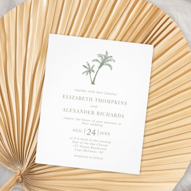 Budget Tropical Palm Tree Sage Green Hochzeit Flyer (Von Creator hochgeladen)