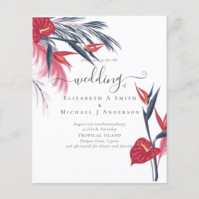 BUDGET Tropical Pampas Grass Navy Berry Wedding Flyer (Vorne)