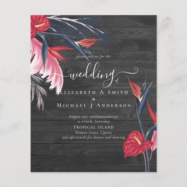 BUDGET Tropical Pampas Grass Navy Berry Wedding Flyer (Vorne)