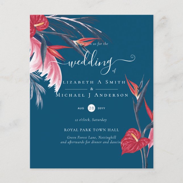 BUDGET Tropical Pampas Grass Navy Berry Wedding Flyer (Vorne)