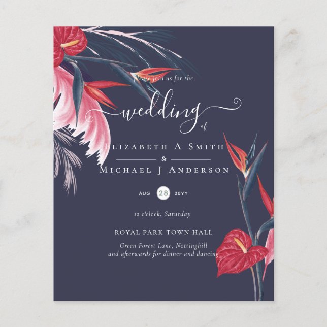 BUDGET Tropical Pampas Grass Navy Berry Wedding Flyer (Vorne)