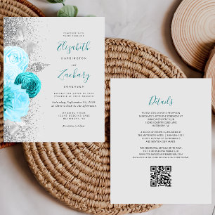 Budget Türkis Floral Silver QR Code Hochzeit