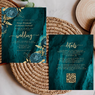 Budget Türkis Gold Blumen QR Code Hochzeits-Einlad