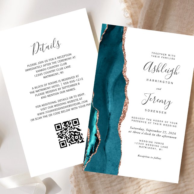 Budget Türkis Roségold QR-Code Hochzeitseinladung (Von Creator hochgeladen)