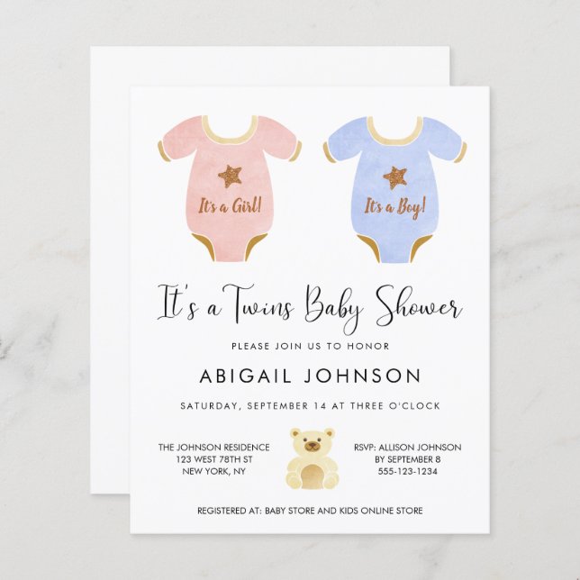 Budget Twin Girl Boy Baby Shower Einladung (Vorne/Hinten)
