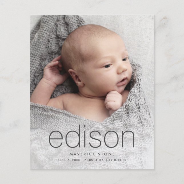Budget Type Baby Foto Geburtsankündigung (Vorderseite)