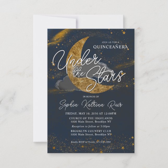 Budget unter der Sterne Blue Gold Moon Quinceanera Mitteilungskarte (Vorderseite)