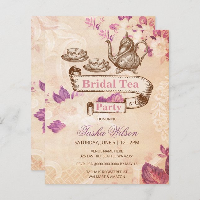 Budget Vintag Bridal Tea Bridal Dusche Einladung (Vorne/Hinten)