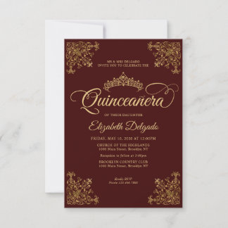 Budget Vintag Burgundy Gold Tiara Quinceanera Mitteilungskarte