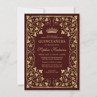 Budget Vintag Burgundy Red Gold Tiara Quinceanera Mitteilungskarte