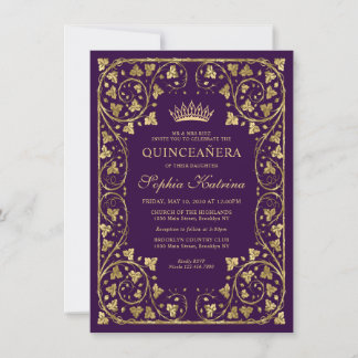 Budget Vintag Glam Lila Gold Tiara Quinceanera Mitteilungskarte