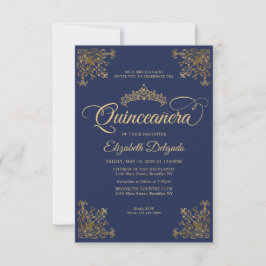 Budget Vintag Navy Blue Gold Tiara Quinceanera Mitteilungskarte