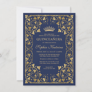 Budget Vintag Navy Blue Gold Tiara Quinceanera Mitteilungskarte