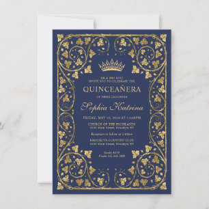 Budget Vintage Navy Blau Gold Tiara Quinceanera Mitteilungskarte